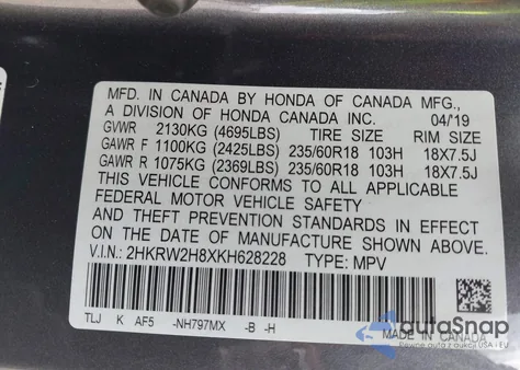 2019 Honda Cr-V Ex-L from USA, damaged, VIN 2HKRW2H8XKH628228